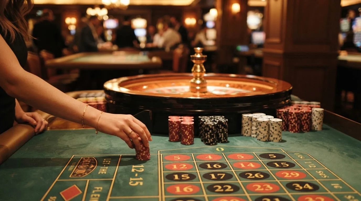 Rulettkerék és zsetonok zöld posztón, meleg esti fényben — blackjack szabályok magyaroknak