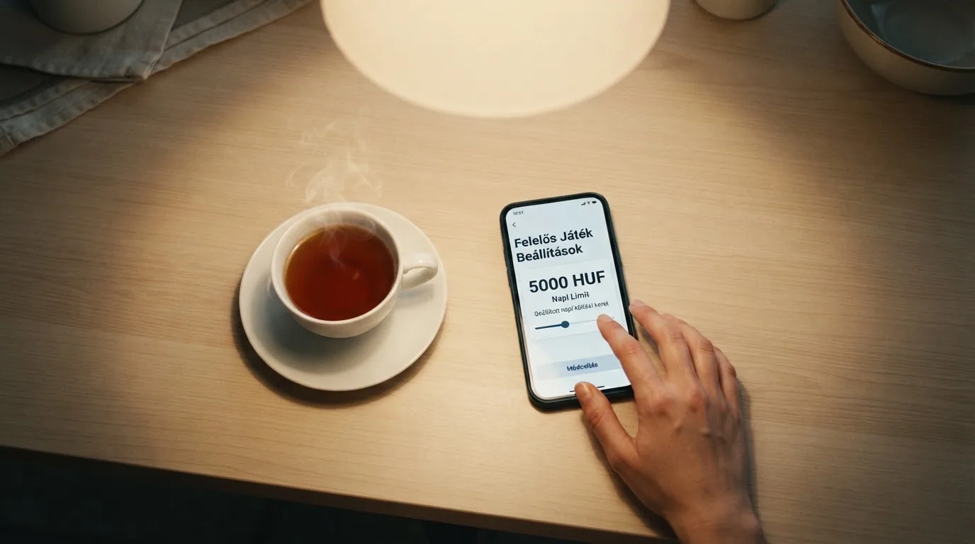 Kéz tart egy mobiltelefont egy csésze tea mellett a konyhaasztalon egy nyugodt estén — külföldi magyar kaszinók