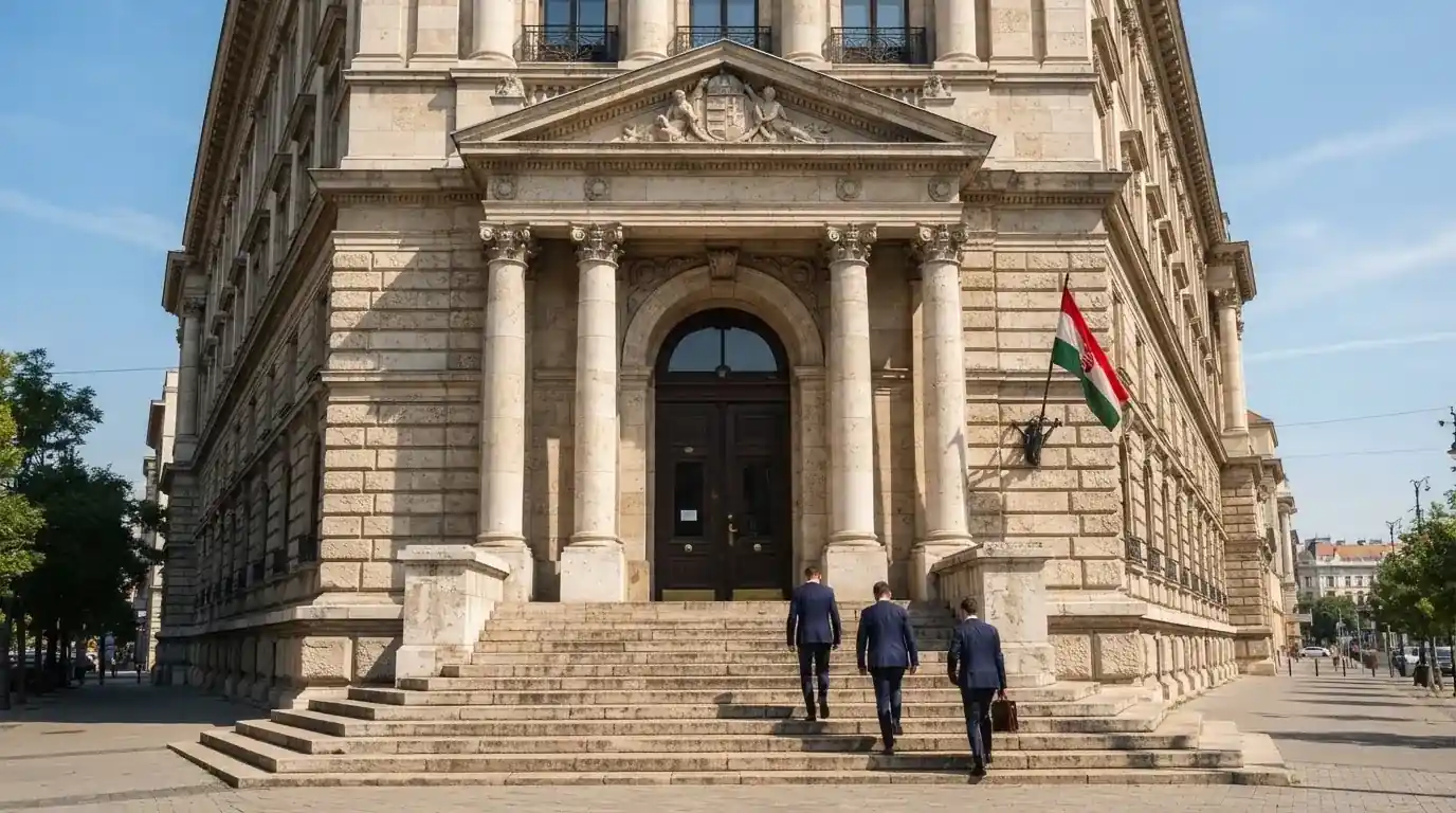 Budapesti hivatali épület oszlopos bejárata napsütésben, a lépcsőn öltönyös emberek haladnak.