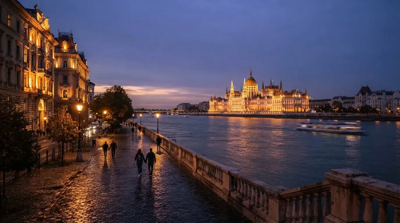 Budapesti belváros esti látképe a Duna-parttal és a Parlament sziluettjével, járókelők a rakparton, megvilágított hivatali épületek.